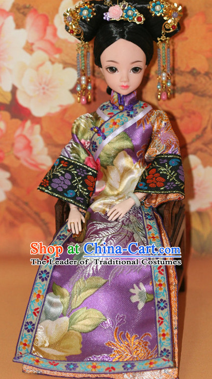 Traditional Qing Dynasty Chinese Clothing Imperial Dresses National Costume and Hairpins Complete Set for Women