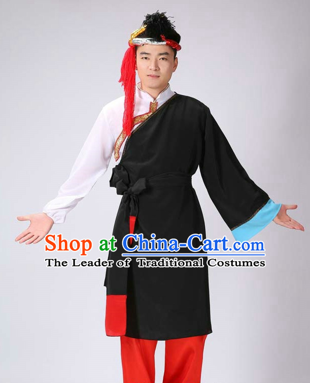 Chinese Tibetan Minority Men Dance Dress China Fan Dance Costume Ribbon Dance Costumes Folk Dance Suit