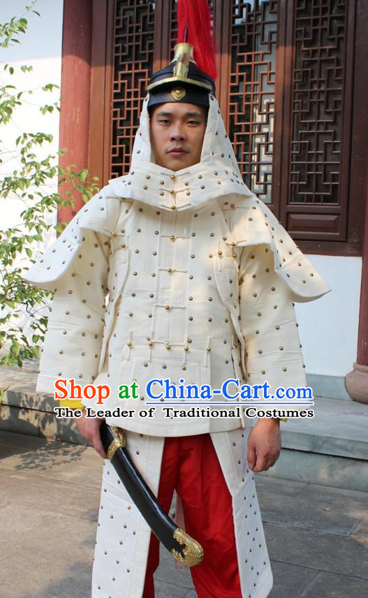 Chinese Qing Dynasty General White Armor Hanfu Dress Gown Costumes Ancient Costume Clothing Complete Set