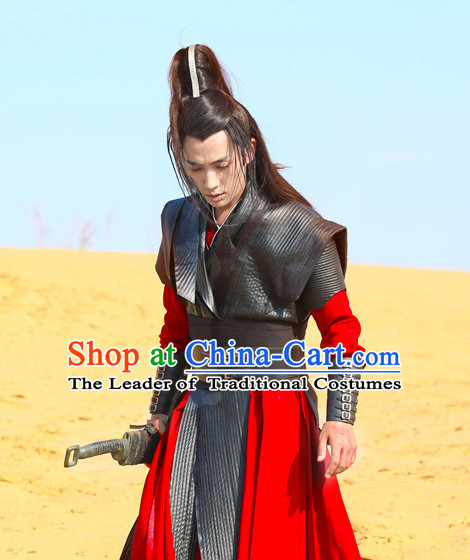 Red Black Chinese Men Knight Costume Stage Drama Costumes Han Fu Costume Complete Set