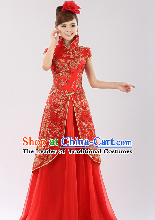Chinese Traditional Long Evening High Collar Red Dress