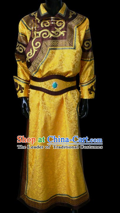 Chinese Yellow Mongolian Minority Emperor Mongol Long Robe Mongolia Prince Clothing Ethnic Traditional Costumes Complete Set