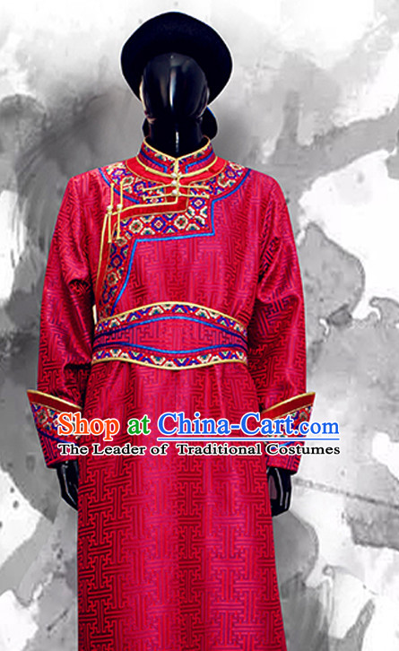 Top Mongolian Minority Emperor Mongol Long Robe Mongolia Prince Clothing Ethnic Traditional Wedding Dresses and Hat Complete Set