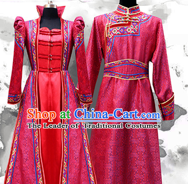 Top Mongolian Minority Ethnic Traditional Wedding Dresses and Hats 2 Complete Sets for Brides and Bridegrooms