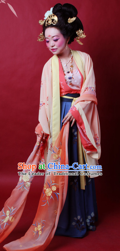Ancient Chinese Tang Dynasty Princess Hanfu Costumes and Hair Jewelry Complete Set for Women