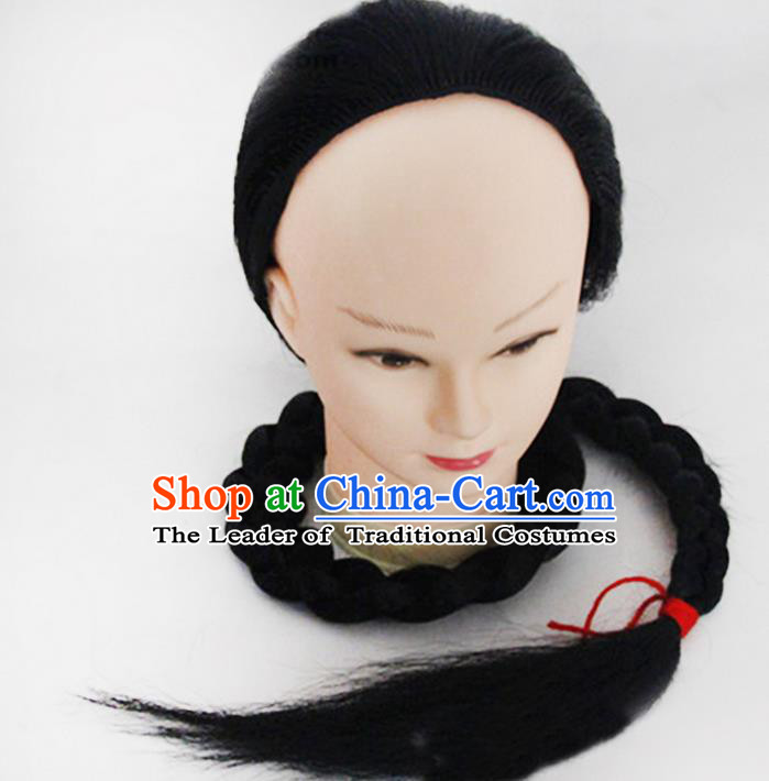 Chinese Ancient Swordsman Long Wig Set, Traditional Chinese Qing Dynasty Hats Wig Hoods for Men