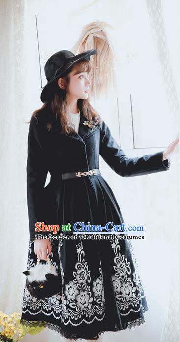 Traditional Classic Elegant Women Costume Embroidery Woolen Coat, Restoring Ancient Gothic Lapel Wool Dust Coat for Women