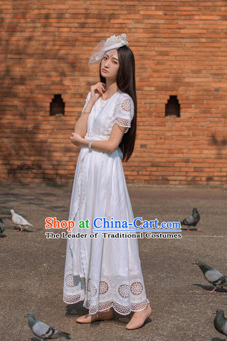 Traditional Classic Elegant Women Costume One-Piece Dress, Restoring Ancient Princess Cotton Embroidered Long White Dress for Women