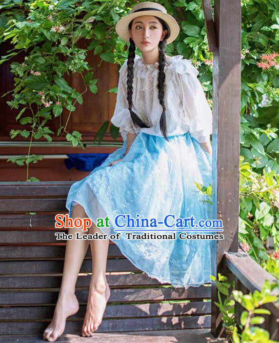 Traditional Classic Elegant Women Costume Bust Skirt, Restoring Ancient Princess Embroidery Lace Organza Giant Swing Skirt for Women
