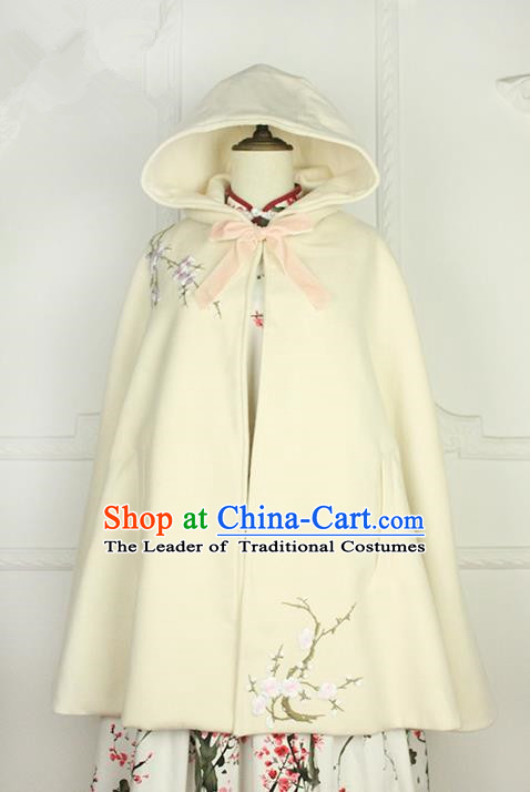 Traditional Classic Chinese Elegant Women Costume Hanfu Woolen Cloak, Restoring Ancient Embroider Plum Blossom Cape for Women