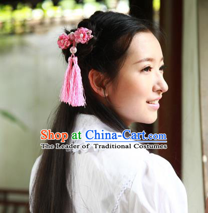 Traditional Classic Chinese Ancient Hair Accessories Hairpin, Elegant Hanfu Plate Buttons Tassels Hair Claw for Women
