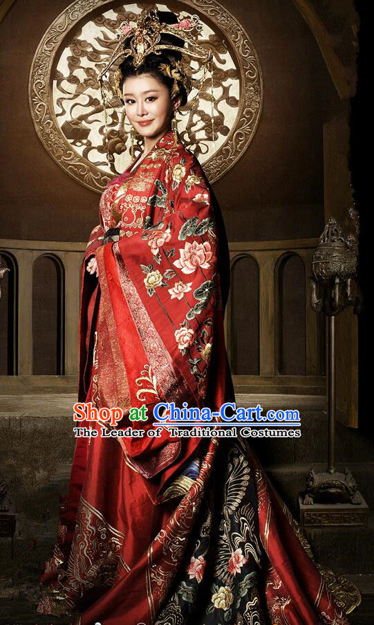 Traditional Chinese Ancient Imperial Emperess Concubine Wedding Costumes, Ancient Chinese Cosplay Queen Princess Costume and Hair Accessories Complete Set for Women