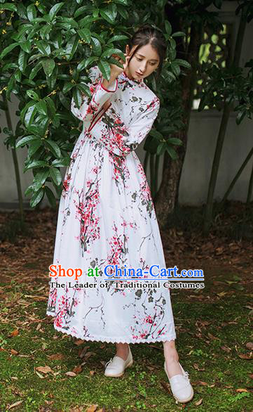 Traditional Classic Chinese Elegant Women Costume Plate Buckles One-Piece Dress, Chinese Cheongsam Restoring Ancient Princess Ink Plum Blossom Dress for Women