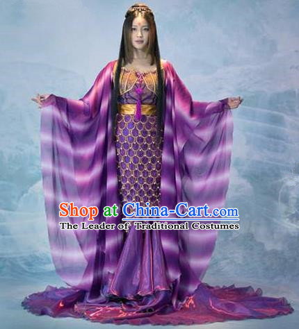 Traditional Chinese Minority Nationality Costumes Ancient Imperial Princess Wedding Costumes, Ancient Chinese Cosplay Queen Princess Fish Tail Costume and Hair Accessories Complete Set for Women