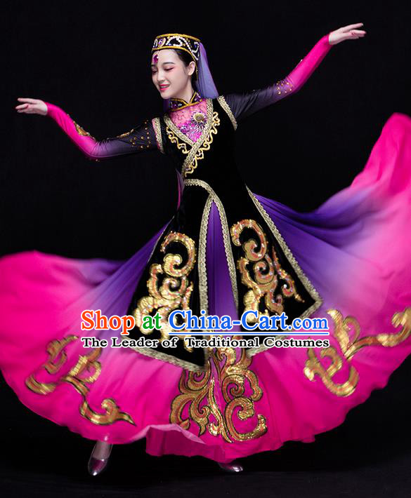 Traditional Chinese Uyghur Nationality Dancing Costume, Folk Dance Ethnic Costume, Chinese Xinjiang Uyghur Minority Nationality Dancing Costume for Women