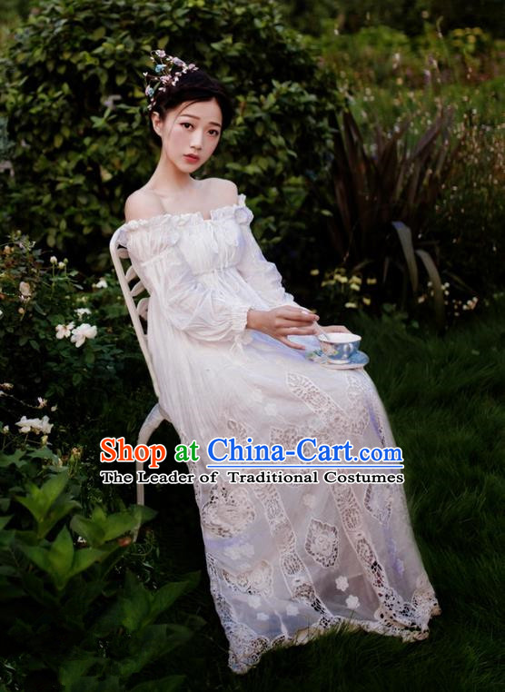 Traditional Classic Women Clothing, Traditional Classic White Cotton Pajamas Heavy Lace Embroidery Evening Dress Restoring Garment Skirt Braces Skirt