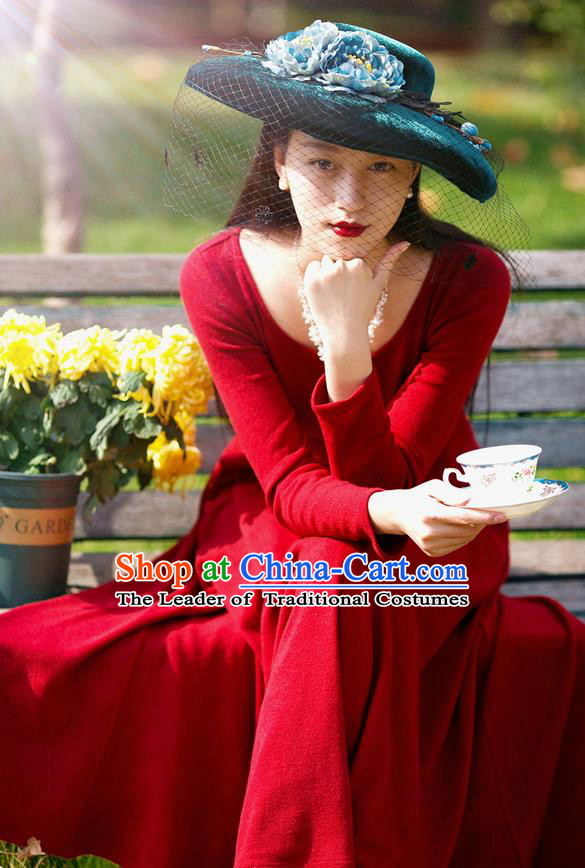 Traditional Classic Women Clothing, Traditional Classic Red Woolen Evening Dress Restoring Woolen Garment Skirt Braces Skirt, Long Skirt