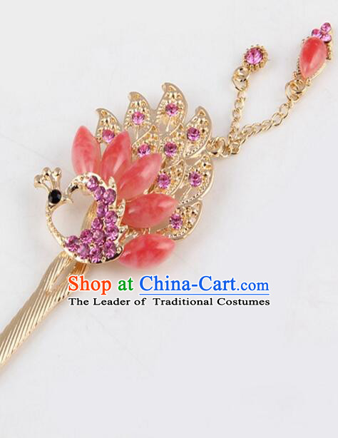 Korean Traditional Style Hairpins Bride Head Wear Up Do Tassels Bu Yao Peacock Spreading Tail Feathers Hair Clasp Red