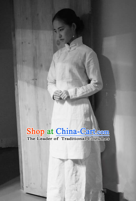 Traditional Classic Women Clothing, Traditional Classic Chinese Flax Jade Buckle Cheongsam, Linen Qipao for Women