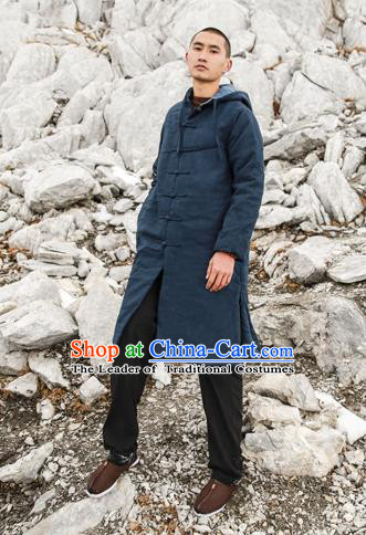 Chinese Hooded Cotton Linen Double-Breasted Tang Suit Plate Buttons Chinese Style Restoring Ancient Thick Cotton-Padded Jacket Hanfu Male Winter Coat