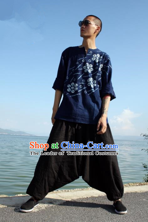 Traditional Chinese National Costume Loose Pants, Elegant Hanfu Linen Black  Wide leg Pants, China Ethnic Minorities Tang Suit Folk Dance Ultrawideleg  Trousers for Women