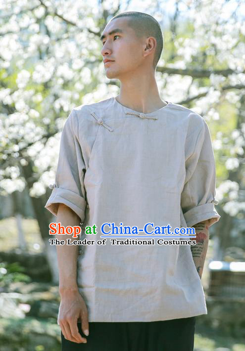 Traditional Chinese Men Short Sleeve T-Shirt, Flax Tang Suit Slant Opening Plate Buttons T-Shirt for Men