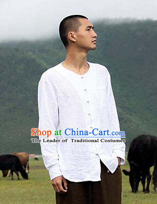 Traditional Chinese Linen Tang Suit Men Long Sleeve Shirts, Chinese Ancient Costumes Linen Dress Shirt for Men