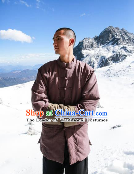Chinese Hooded Cotton Linen Double-Breasted Tang Suit Plate Buttons Costumes, Chinese Style Ancient Thick Cotton Wadded Overcoat Hanfu Winter Coat for Men