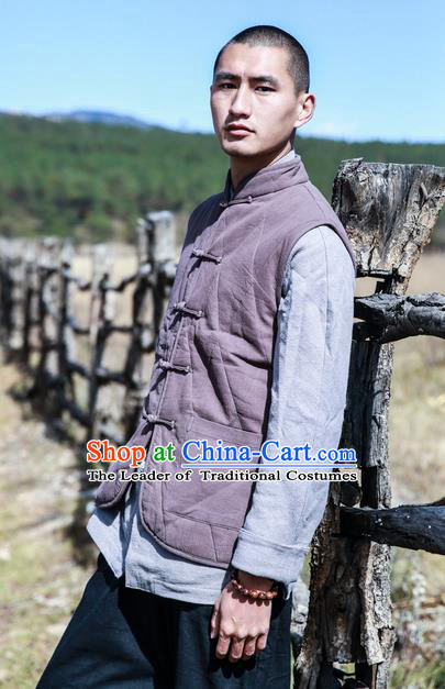 Traditional Chinese Linen Tang Suit Men Cotton-Padded Jacket, Chinese Ancient Costumes Tang Suit Vest for Men