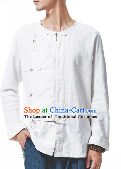 Traditional Chinese Linen Tang Suit Men Slant Opening Brass Buckle Long Sleeve Shirts, Chinese Ancient Costumes Linen Dress Shirt for Men