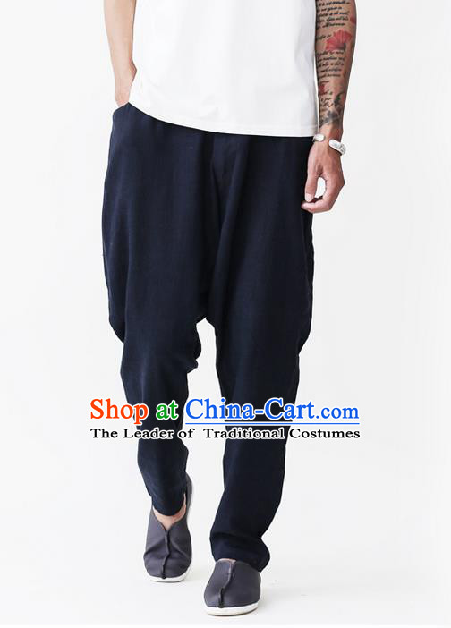 Traditional Chinese Linen Tang Suit Men Trousers, Chinese Ancient Costumes Cotton Pants, Nepal Flax Feet Low Crotch Large Crotch Pants for Men