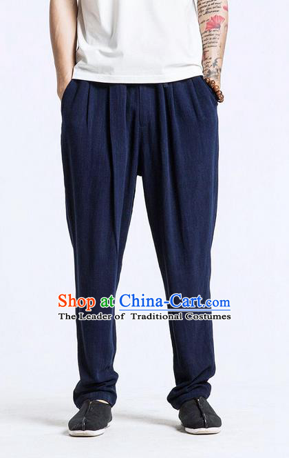 Traditional Chinese Linen Tang Suit Men Trousers, Chinese Ancient Costumes Cotton Pants, Ruffle Leisure Slacks Pants for Men