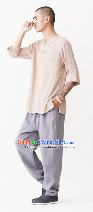 Traditional Chinese Linen Tang Suit Men Costumes, Chinese Ancient Round Neck Silk Floss Short Sleeved T-Shirt Plate Buttons Costume for Men