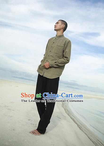 Traditional Chinese Linen Tang Suit Men Costumes, Chinese Ancient Tunic Suit Long Sleeved Shirt Plate Buttons Shirt for Men