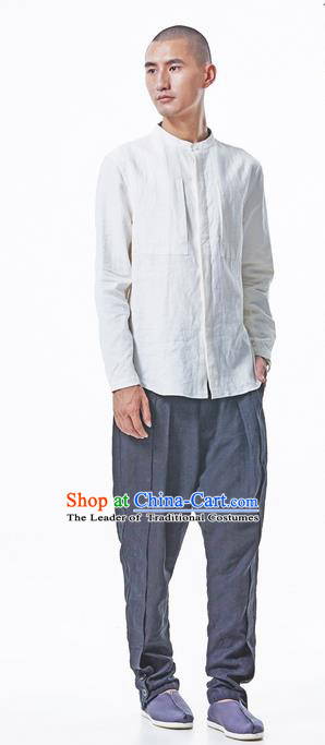 Traditional Chinese Linen Tang Suit Men Costumes Blouse, Chinese Ancient Tunic Suit Long Sleeved Shirt for Men