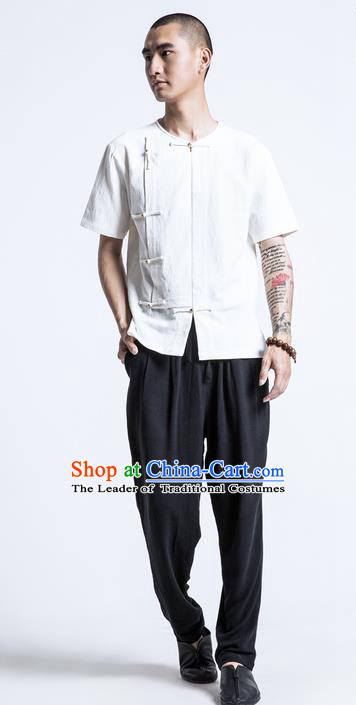 Traditional Chinese Linen Tang Suit Men Costumes, Chinese Ancient Slant Opening Brass Buttons Short Sleeved T-Shirt Costume for Men