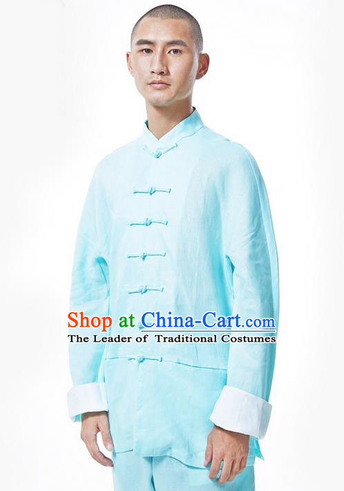 Traditional Chinese Linen Tang Suit Men Costumes, Hanfu Men Blouse, Chinese Ancient Front Opening Brass Buttons Long Sleeved Shirt Costume for Men