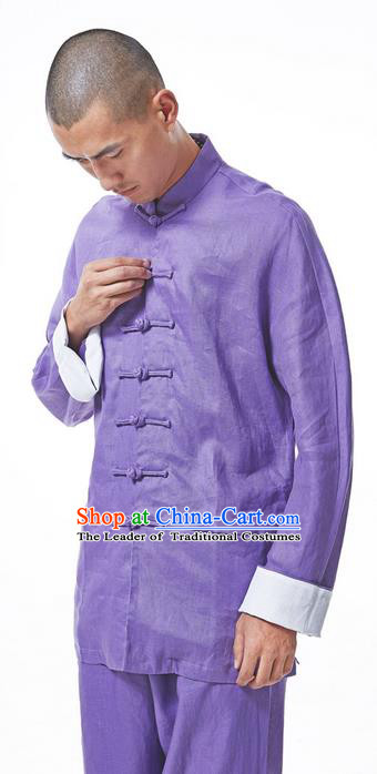 Traditional Chinese Linen Tang Suit Men Costumes, Hanfu Men Suits, Chinese Ancient Front Opening Brass Buttons Long Sleeved Shirt and Pants Costume for Men
