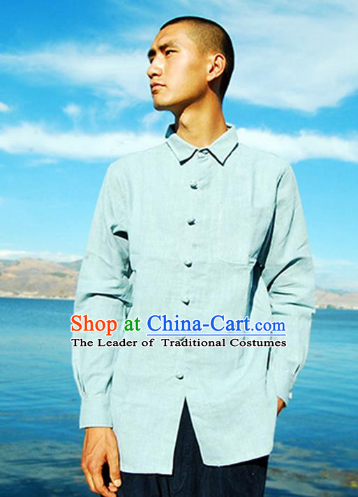 Traditional Chinese Linen Tang Suit Men Costumes Blouse, Chinese Ancient Tunic Suit Twist buttons Long Sleeved Shirt for Men