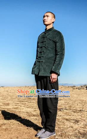 Traditional Chinese Corduroy Tang Suit Men Costumes, Chinese Ancient Thicken Cotton-Padded Jacket, Front Opening Brass Plate Buttons Wadded Robe for Men