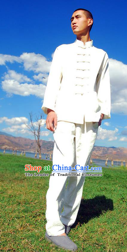 Traditional Chinese Linen Tang Suit Men Costumes, Hanfu Men Suits, Chinese Ancient Front Opening Brass Buttons Long Sleeved Shirt and Pants Costume for Men