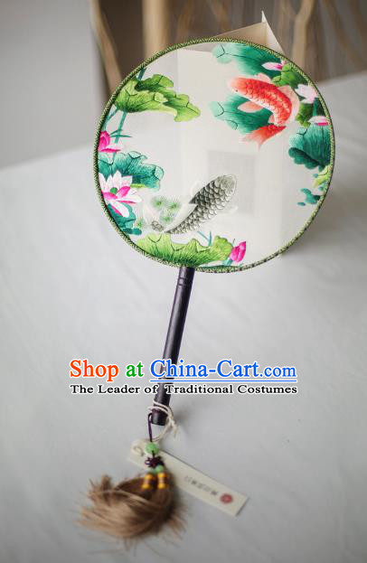 Traditional Chinese Palace Lady Accessories Hanfu Embroidered Lotus Fish Fans, Asian China Ancient Round Fan for Women