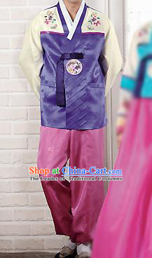 Traditional Korean Costumes Bridegroom Formal Attire Ceremonial Purple Cloth, Asian Korea Hanbok Embroidered Clothing for Men
