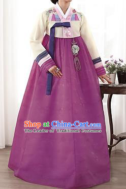 Traditional Korean Costumes Palace Lady Formal Attire Ceremonial Yellow Blouse and Purple Dress, Asian Korea Hanbok Bride Embroidered Clothing for Women