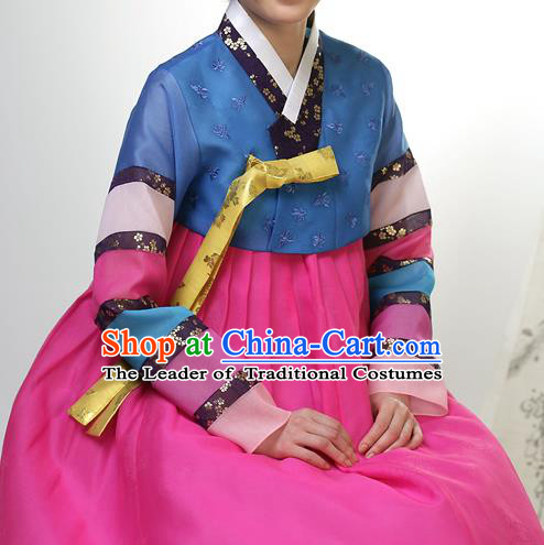 Traditional Korean Costumes Palace Lady Formal Attire Ceremonial Blue Blouse and Dress, Asian Korea Hanbok Bride Embroidered Clothing for Women