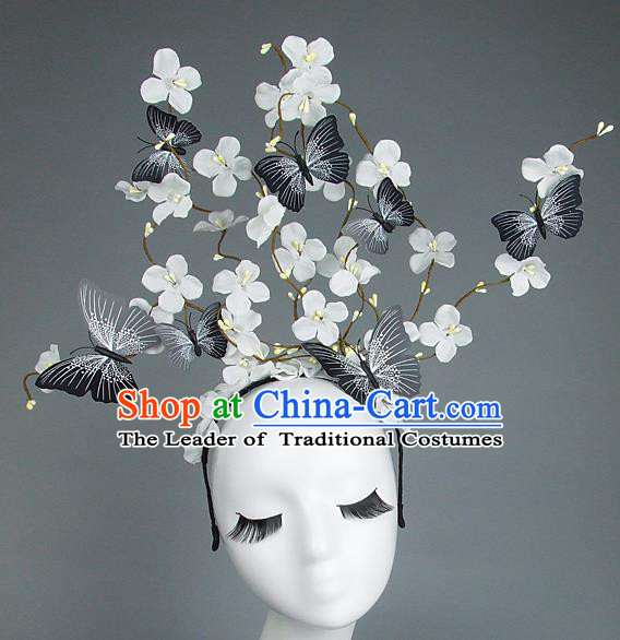 Asian China Butterfly White Flowers Hair Accessories Model Show Headdress, Halloween Ceremonial Occasions Miami Deluxe Headwear