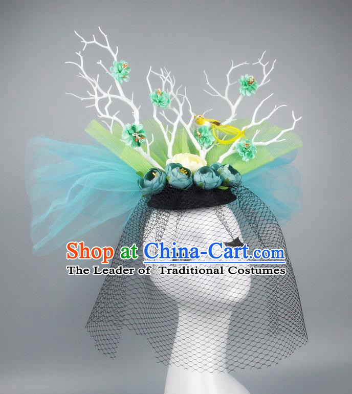 Asian China Green Veil Hair Accessories Model Show Headdress, Halloween Ceremonial Occasions Miami Deluxe Headwear