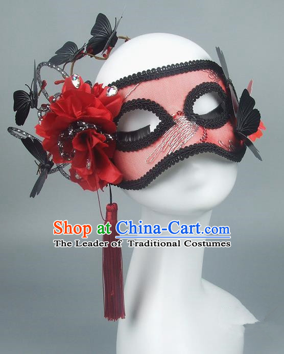 Asian China Exaggerate Fancy Ball Accessories Model Show Red Flower Mask, Halloween Ceremonial Occasions Miami Deluxe Face Mask