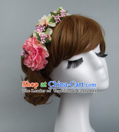 Top Grade Handmade Wedding Hair Accessories Pink Flowers Headpiece, Baroque Style Bride Headwear for Women