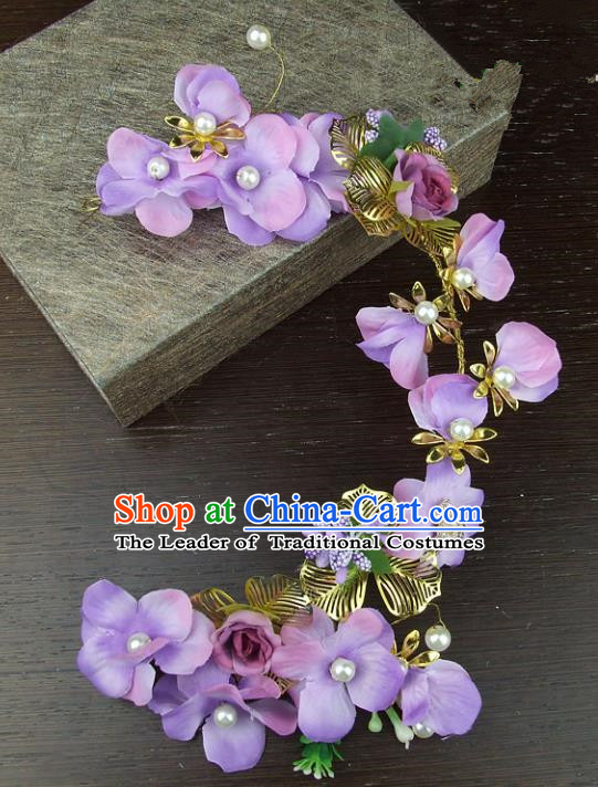 Top Grade Handmade Wedding Hair Accessories Purple Flowers Hair Stick Headpiece, Baroque Style Bride Headwear for Women